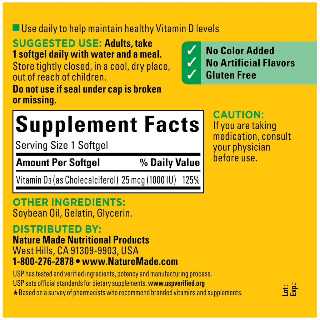 Nature Made Vitamin D3 1000 IU (25 mcg), Vitamin D Supplement for Bone, Teeth, Muscle and Immune Health Support, 300 Softgels, 300 Day Supply
