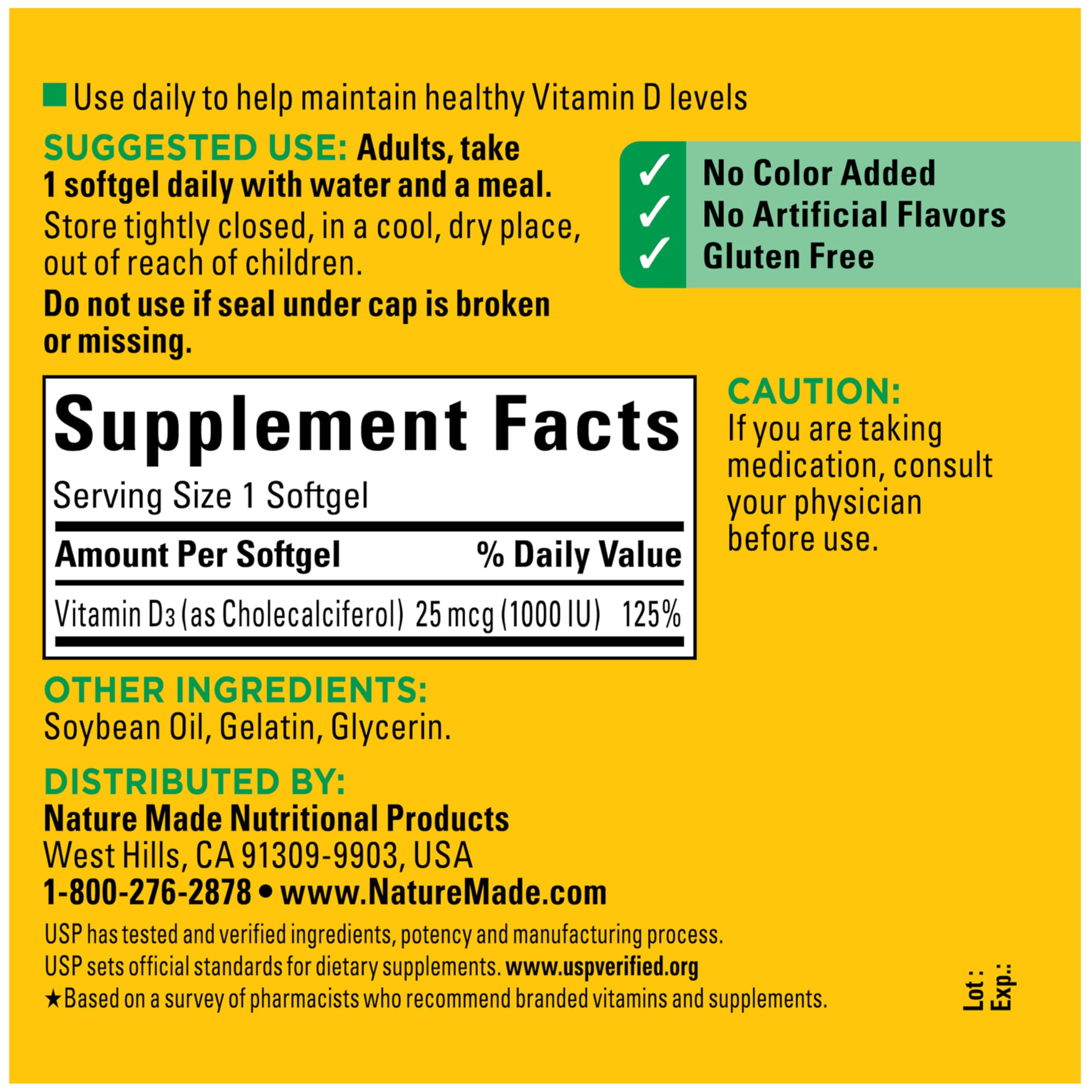 Nature Made Vitamin D3 1000 IU (25 mcg), Vitamin D Supplement for Bone, Teeth, Muscle and Immune Health Support, 300 Softgels, 300 Day Supply