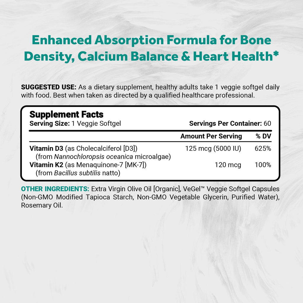 Naturalis Vegan Vitamin D3+K2 from Algae | 5000 IU D3 with 120mcg MK7 | Vegan Society Certified,Sustainably Sourced,Better Than Animal Derived | Better Support for Bone & Immune Health* | 60 Softgels