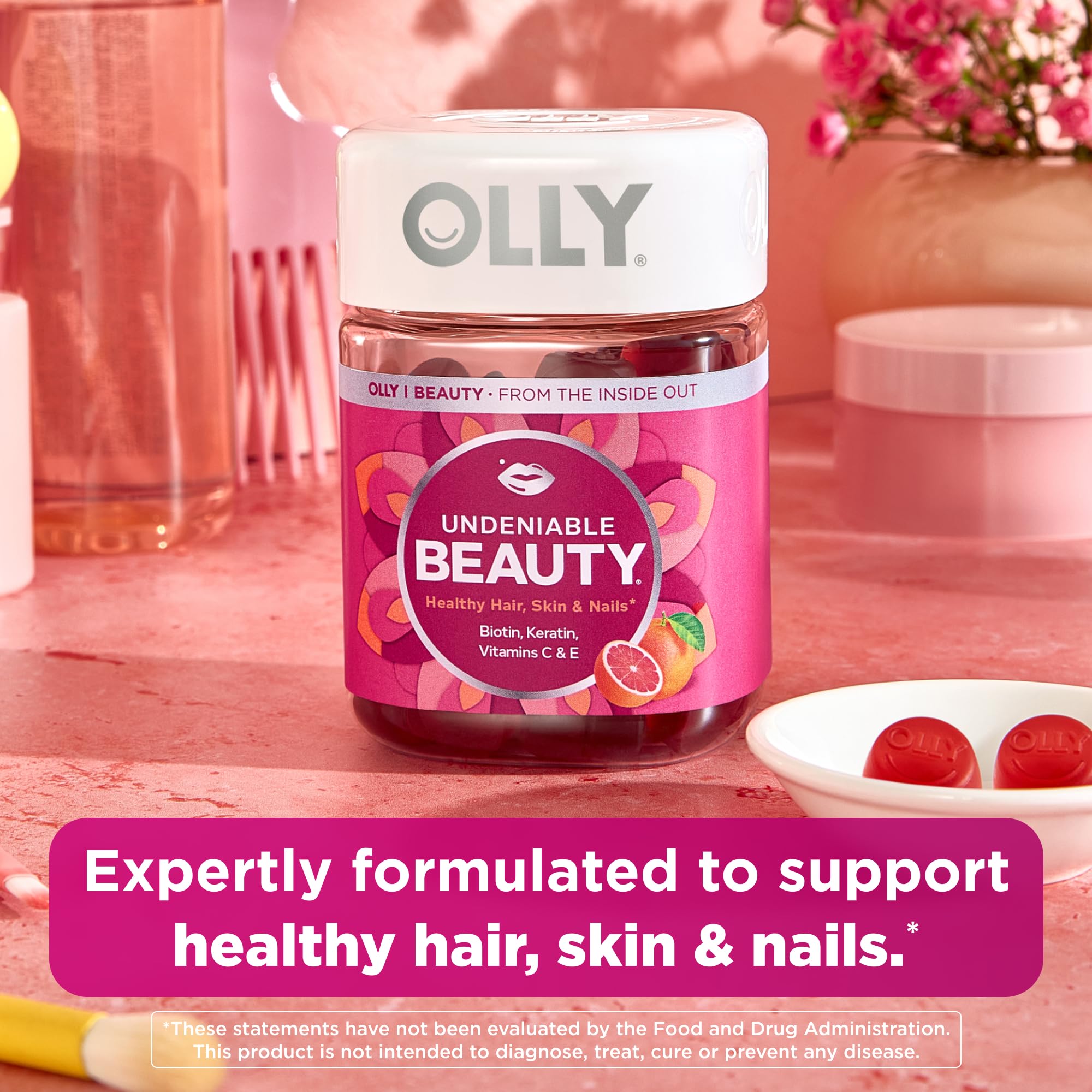 OLLY Hair Skin and Nails Gummies - Undeniable Beauty with Biotin 2500mcg Per 2 Gummies, Keratin & Vitamin C - Supports Healthy Hair, Skin, & Nails - Grapefruit Flavor - 60 Count