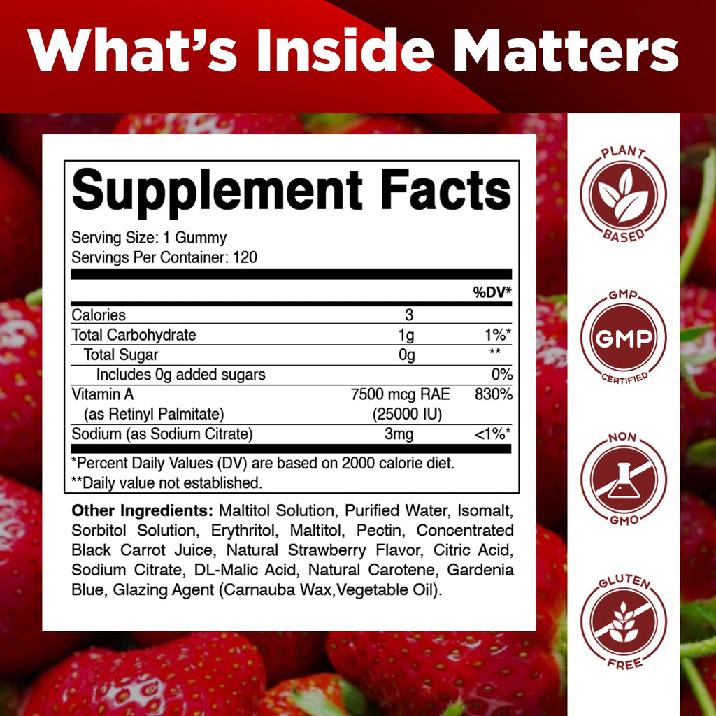 Vitamatic Vitamin A 25,000 IU Gummies – Sugar Free Retinyl Palmitate – 1 Daily Gummy, 120 Servings – High Potency Vitamin A Support – Natural Strawberry Flavor – Pectin Based – 120 Count