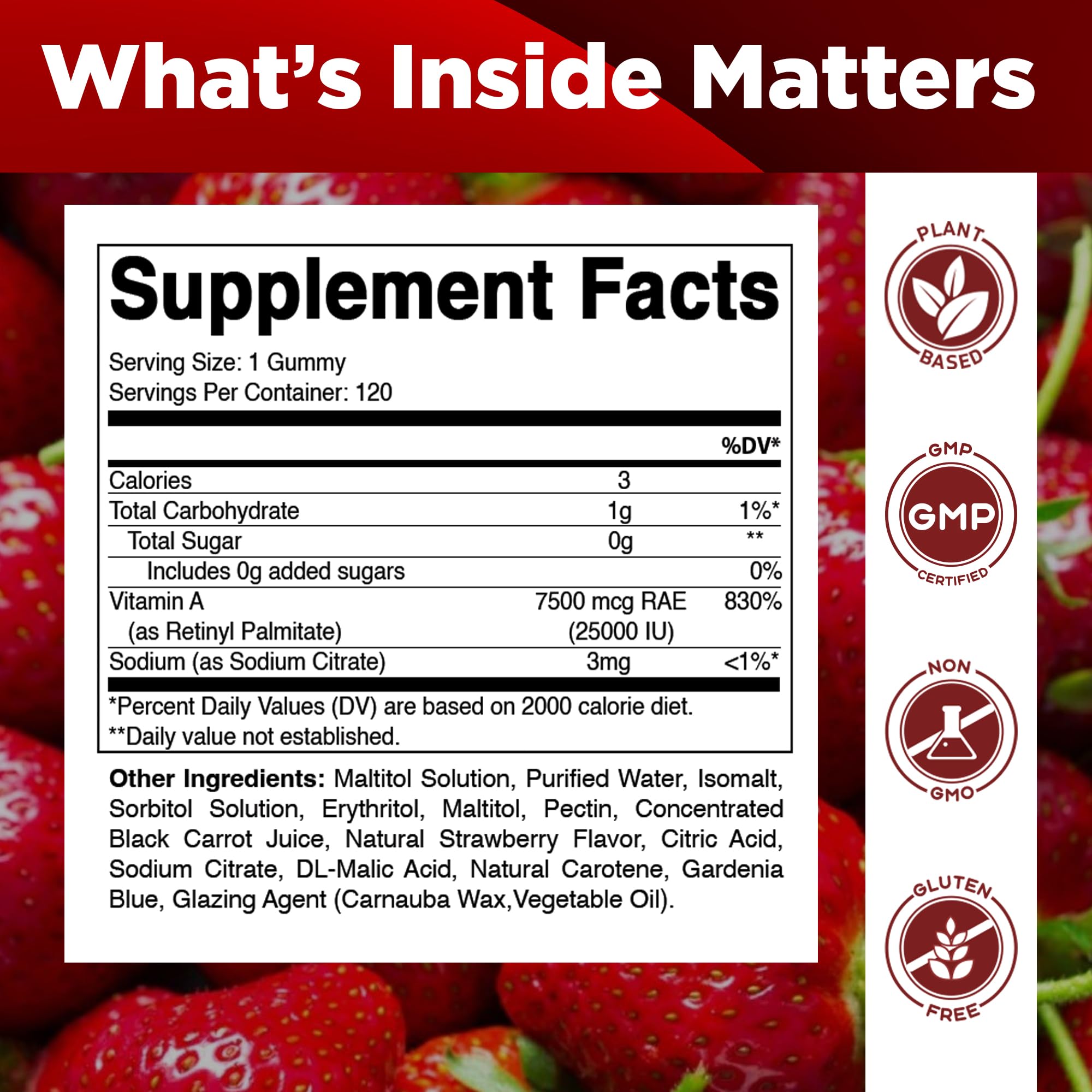 Vitamatic Vitamin A 25,000 IU Gummies – Sugar Free Retinyl Palmitate – 1 Daily Gummy, 120 Servings – High Potency Vitamin A Support – Natural Strawberry Flavor – Pectin Based – 120 Count