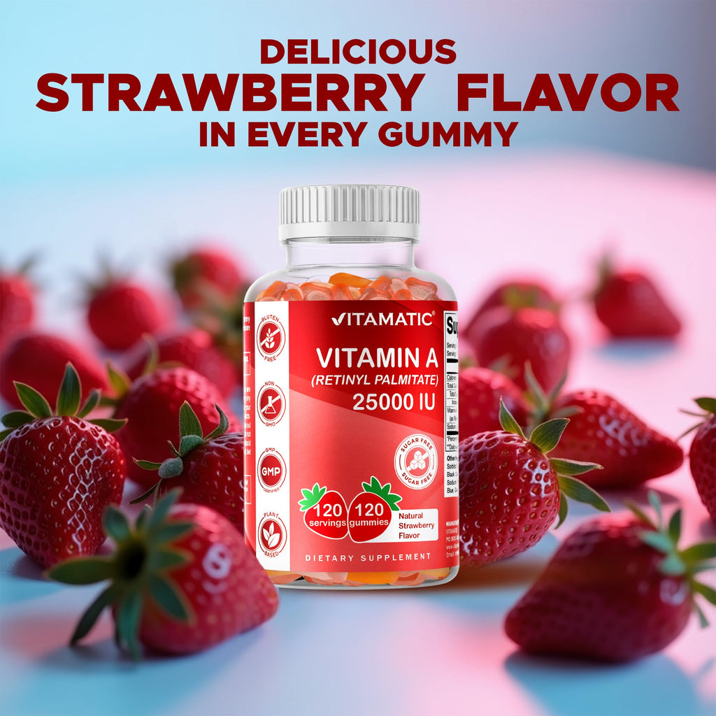 Vitamatic Vitamin A 25,000 IU Gummies – Sugar Free Retinyl Palmitate – 1 Daily Gummy, 120 Servings – High Potency Vitamin A Support – Natural Strawberry Flavor – Pectin Based – 120 Count