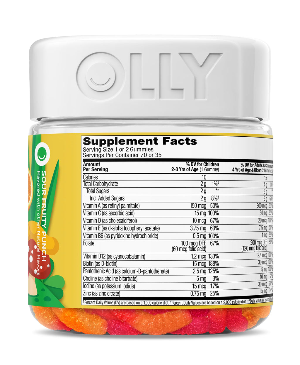 OLLY Kids Multivitamin Gummy, Overall Health and Immune Support,* Vitamins and Minerals A, C, D, E, Bs and Zinc, Kids Chewable Supplement, Sour Fruity Punch Flavored, 70 or 35 Day Supply - 70 Count