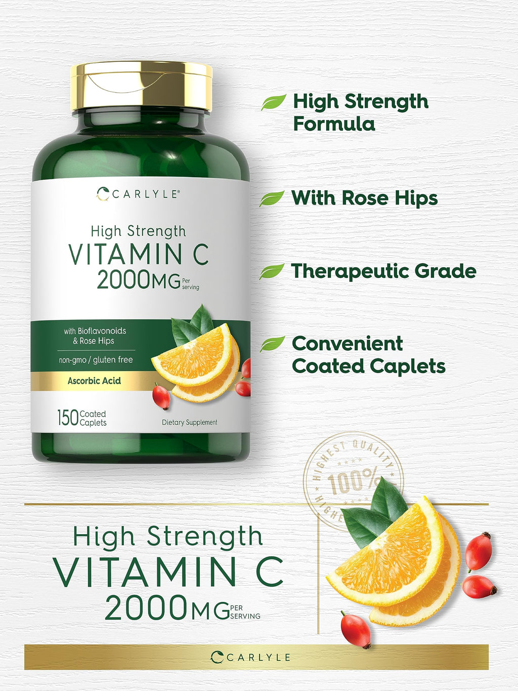 Carlyle Vitamin C 2000mg | with Rose Hips | 150 Caplets